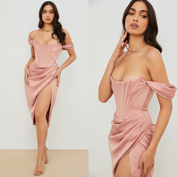 House of CB Dresses & Skirts - HOUSE OF CB | Luxury 'LORETTA' Satin Off Shoulder Dress in Blush Pink | Size XS